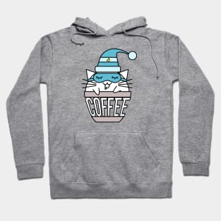 Cat in coffee cup with warped text sleeping blue Hoodie